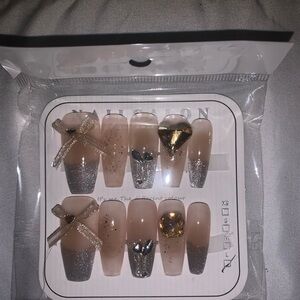 Nude & Silver Glitter Press-On Nail Set with Gold Accent Gems